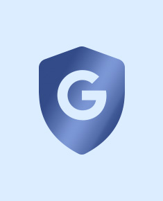 Ein einfaches, metallisch-blaues Schild, das die Sicherheits- und Schutzfunktionen von Google darstellt