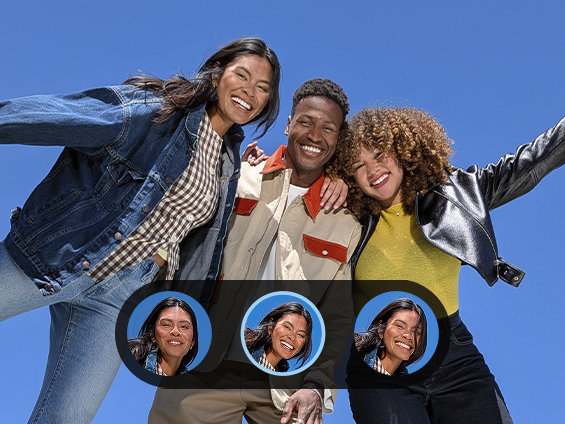 Das Bild zeigt eine Gruppe von drei Personen und wie die Pixel Kamerafunktion 