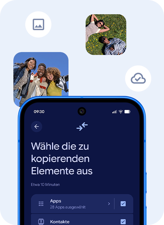 Auf einem Smartphone-Display werden Daten angezeigt, die zur bertragung ausgewhlt werden. Dies umfasst Apps, Kontakte und Fotos