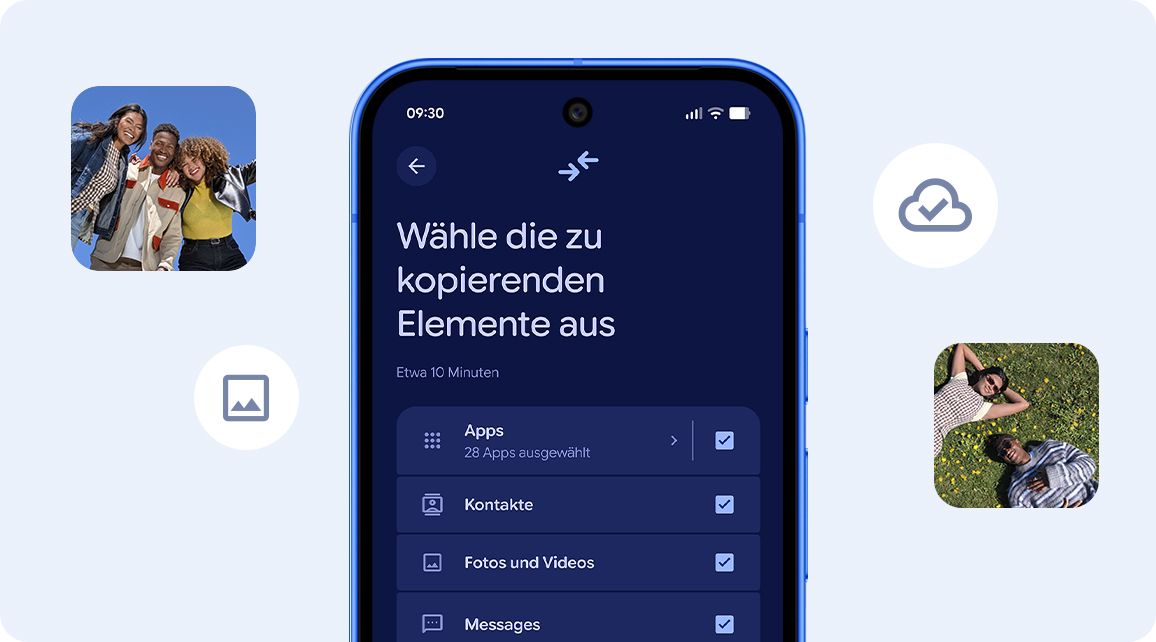 Auf einem Smartphone-Display werden Daten angezeigt, die zur bertragung ausgewhlt werden. Dies umfasst Apps, Kontakte und Fotos