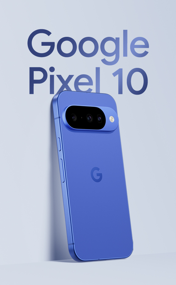 Ein Google Pixel 10 in der Farbe Indigo lehnt an einer Wand