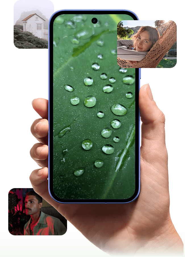 Outdoor-Lifestyle-Bild einer Frau, die in die Kamera schaut, mit Sonnenlicht im Hintergrund. Farbbearbeitetes Lifestyle-Foto eines Mannes in roter Beleuchtung bei Nacht. Abstraktes Bild einer Makro-Nahaufnahme eines Blattes mit Wassertropfen als Beispiel f�r Fotos in HD-Qualit�t. Foto aus der Distanz vom Haus�u�eren bei nebligem Wetter.