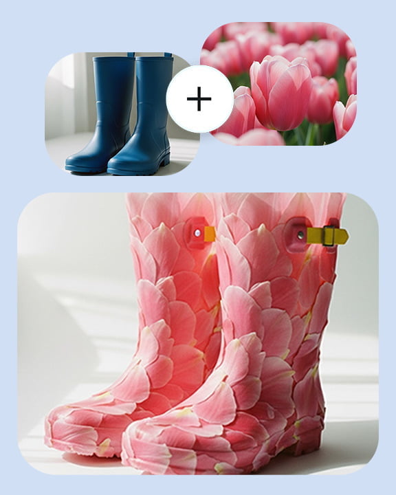 Nahaufnahme eines Paars Wellington-Stiefel in T�rkis. Abstraktes Bild: Nahaufnahme von Rosa Tulpenblumen. Nahaufnahme eines Paares Wellington-Stiefel mit Tulpenmuster.