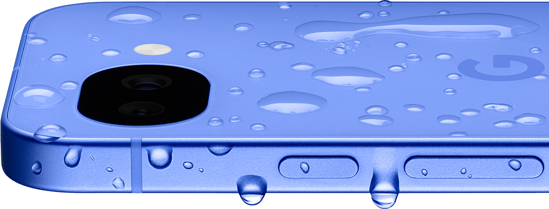 Abbildung des Pixel 10a-Ger�ts in Lavender, mit Wassertropfen zur Veranschaulichung der wasserabweisenden Funktion.