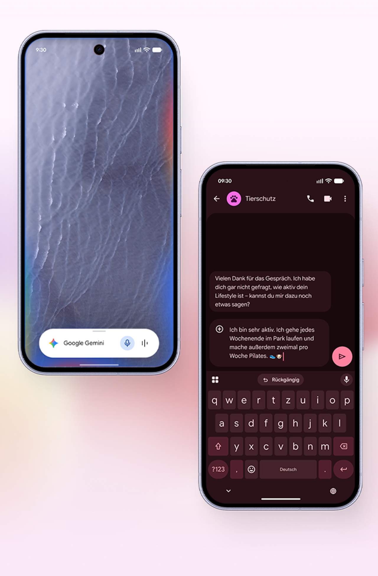 Bild vom Google Pixel mit dem Prompt-Feld f�r "Frag Google Gemini".; Bild vom Google Pixel mit Textnachricht von Animal Rescue