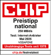 CHIP-Testsiegel Preistipp national in der Kategorie Internet-Anbieter 250 Mbit/s