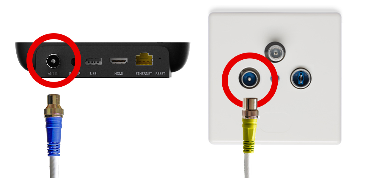 Anleitungsfoto: Antennenkabel wird in GigaTV Home und Kabel-Dose gesteckt