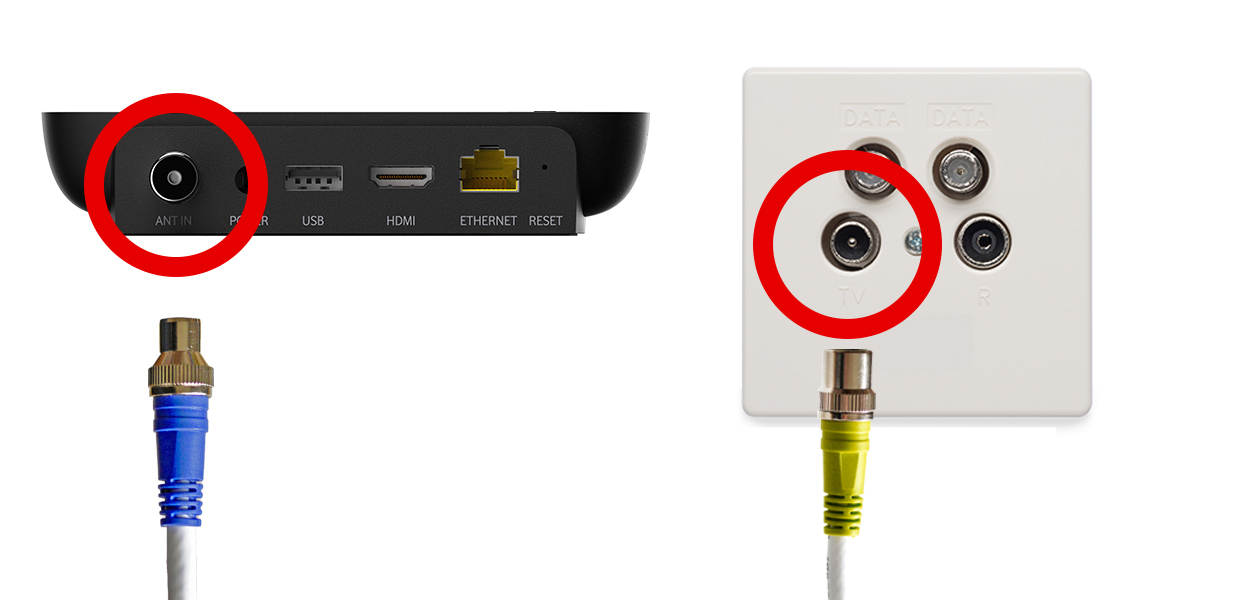 Anleitungsfoto: Antennenkabel wird in GigaTV Home und Kabel-Dose gesteckt