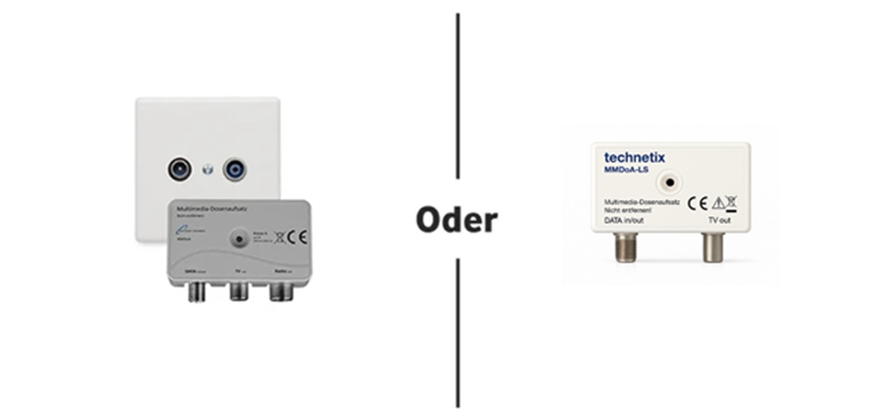 Anleitungsfoto: Multimedia-Dosenaufsatz vor einer 2-Loch-Kabel-Dose