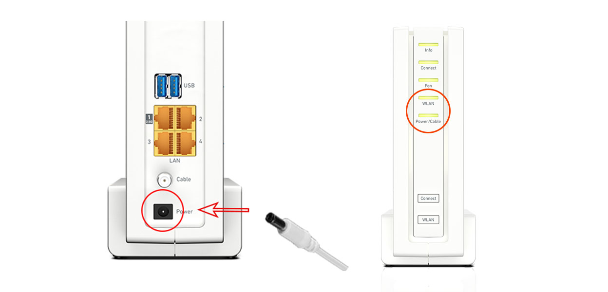 Anleitungsfoto: Netzstecker wird in die Fritzbox gesteckt