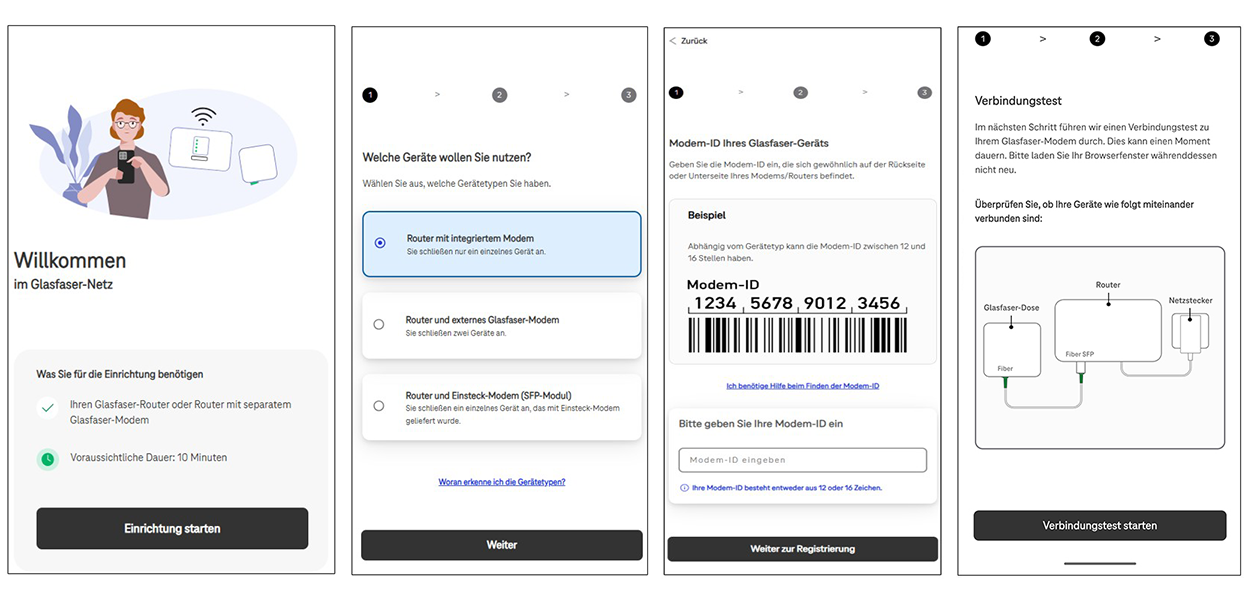 Anleitungsfoto: Willkommenseite im Glasfaser-Netz - Einrichtung starten und der Schritt Modem-ID des Glasfaser-Ger&auml;ts.