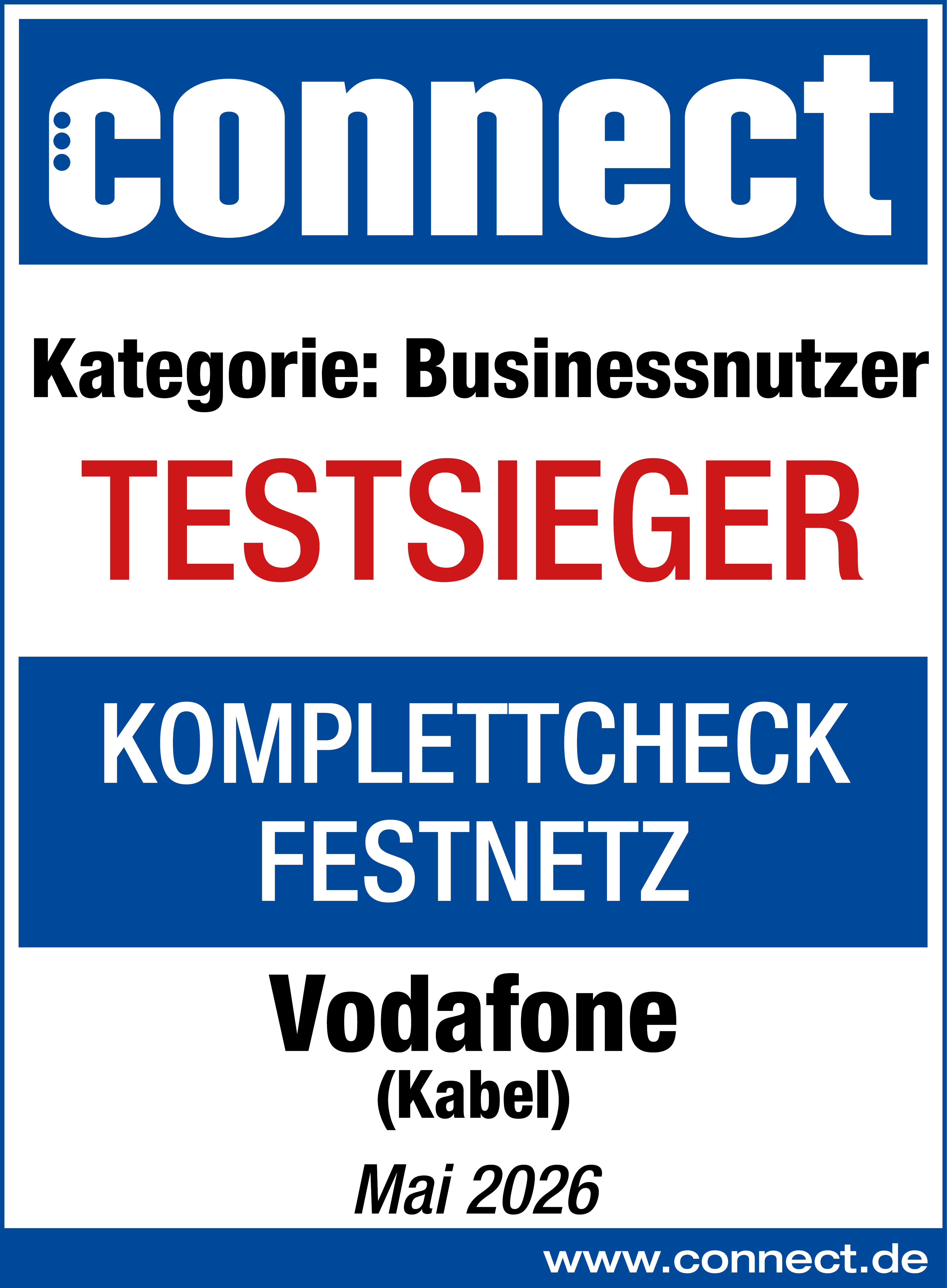 connect-Testsieger in der Kategorie Businessnutzer im Komplettcheck Festnetz f&uuml;r Kabel-Internet