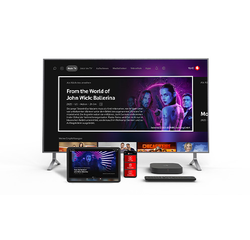 Produktfoto: GigaTV Home Box in Collage mit einem TV, Tablet und Smartphone.