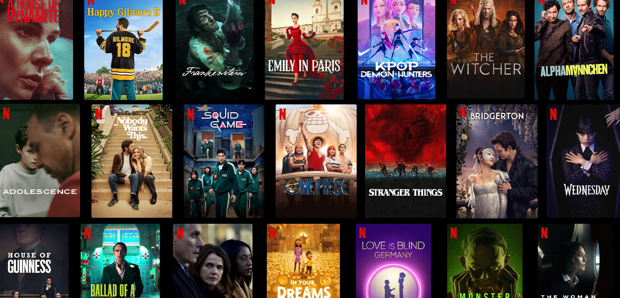Collage aus Filmen und Serien, die bei Netflix zu sehen sind. Wie z.B. Squid Game, Emily in Paris, The Witcher.