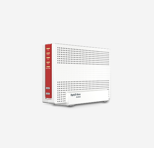 Produktfoto: FRITZ!Box 6690. Aufrecht stehender Router in nach rechts gedrehter Frontansicht in wei&szlig; mit Bel&uuml;ftungs&ouml;ffnungen und 5 LEDs. 