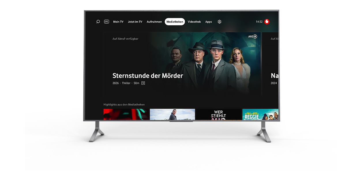 Produktfoto: GigaTV Home Box in Collage mit einem TV. Der Fernseher zeigt das GigaTV Box-Interface.