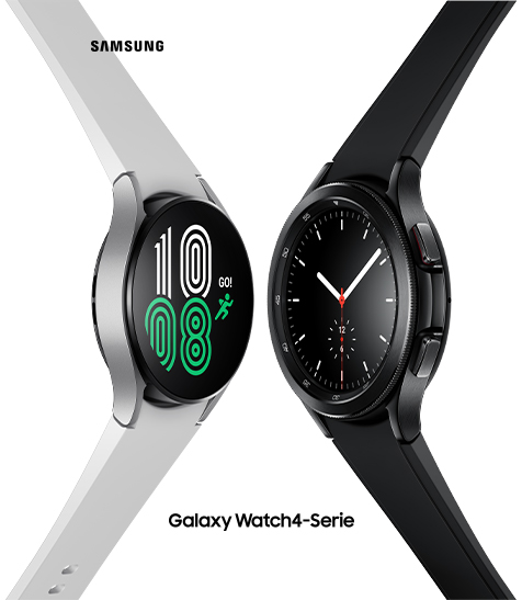 Zwei Samsung Galaxy Watches vor einem weißen Hintergrund.