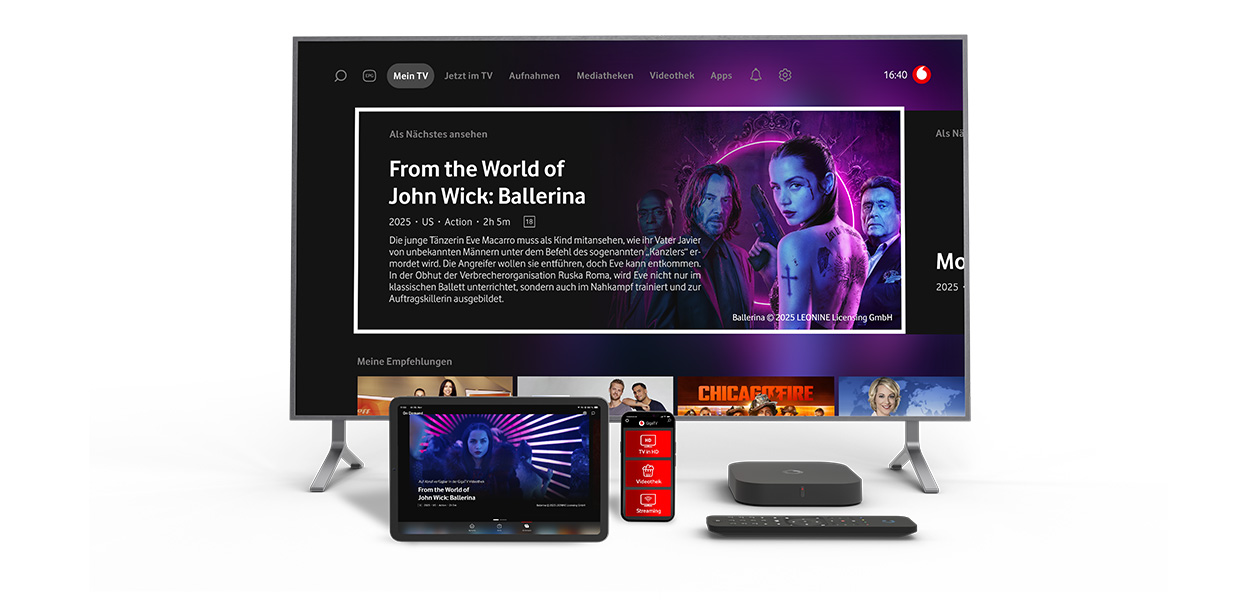 Produktfoto: GigaTV Home Box mit Fernbedinung in Collage mit einem TV, Tablet und Smartphone.