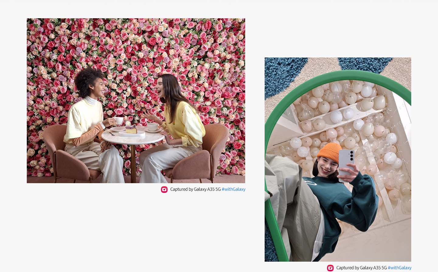 Zu sehen sind wei Personen, die sich an einem Tisch unterhalten, vor einem leuchtend rosafarbenen Blumenhintergrund. Zu sehen ist auch ein Spiegel-Selfie einer Person vor einem Hintergrund aus weien Luftballons. Der Text liest: "Aufgenommen mit dem Galaxy A35 5G #withGalaxy".
