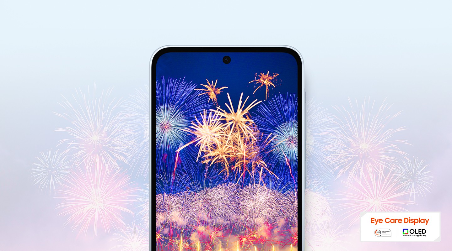 Zu sehen ist ein Smartphone, auf dessen Display ein lebhaftes Feuerwerk zu erkennen ist, mit einem Logo fr das 