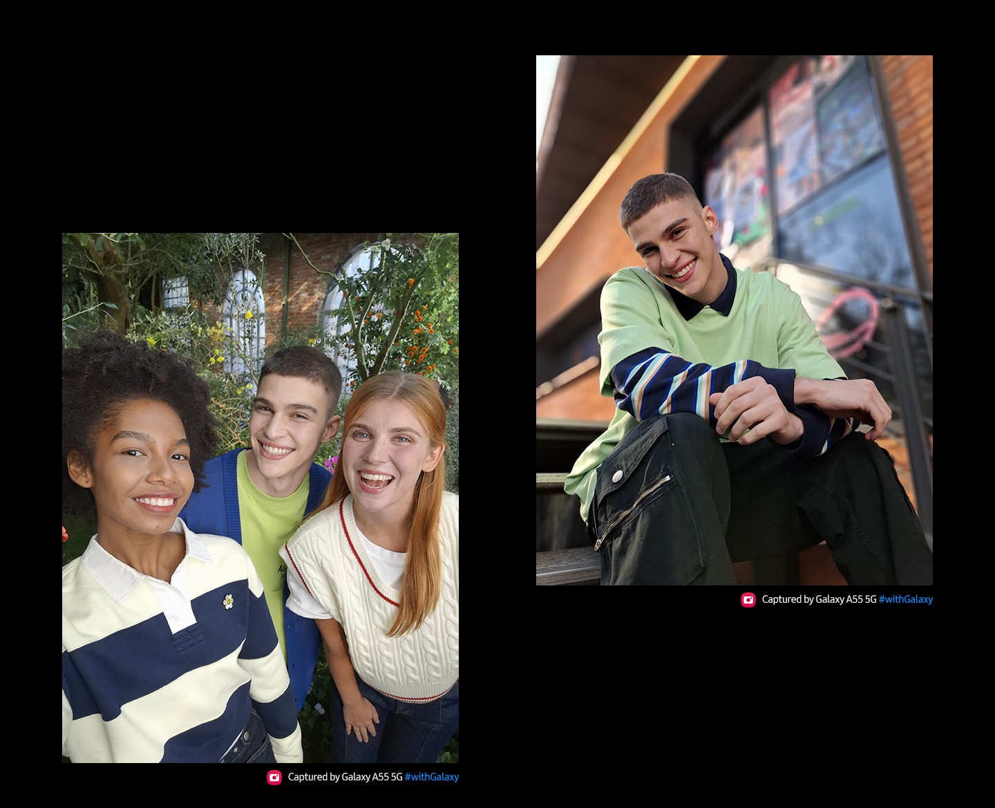 Zu sehen sind zwei Portrts. Das erste Portrt ist ein Selfie von drei Freunden mit frhlichen Gesichtsausdrcken, die eng miteinander posieren. Das zweite Portrt wurde mit dem Portrt-Modus aufgenommen. Darauf ist eine lssig sitzende, lchelnde Person vor einem verschwommenen Gebude im Hintergrund zu sehen. Der Text liest: "Aufgenommen mit dem Galaxy A55 5G #withGalaxy".