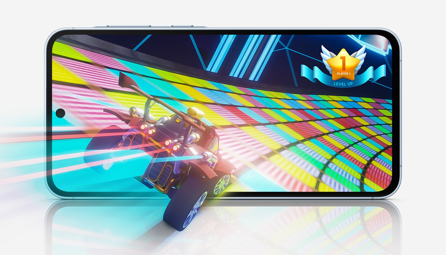 Ein Galaxy A55 5G, das eine farbenfrohe und dynamische Szene aus einem Rennspiel mit einem Fahrzeug auf einer hell beleuchteten Strecke zeigt.