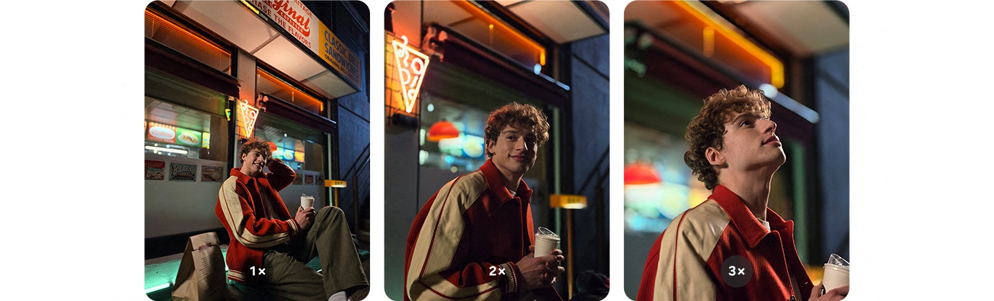 Lebendige, detaillierte Nightography-Fotos eines Mannes, aufgenommen mit 1-fachem, 2-fachem und 3-fachem Zoom. Aufgenommen mit dem Galaxy S24+ #withGalaxy.