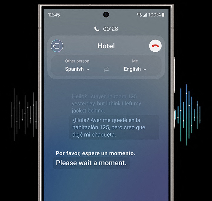Ein Telefongespräch wird in Echtzeit übersetzt. Der Dialog ist auf dem Display als Textkonversation in zwei Sprachen zu sehen.