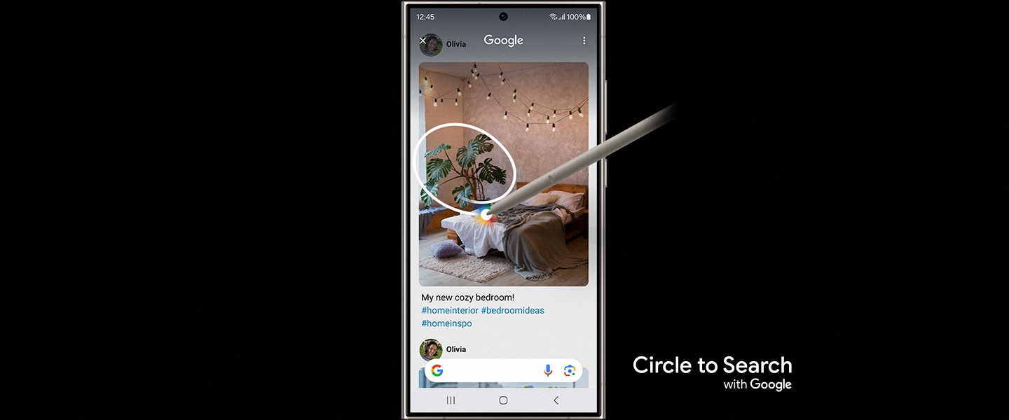 Eine Pflanze auf einem Bild in einem Social Media-Post wird mit dem S Pen eingekreist. Am unteren Bildschirmrand erscheint eine Google-Suchleiste. Circle to Search mit Google.