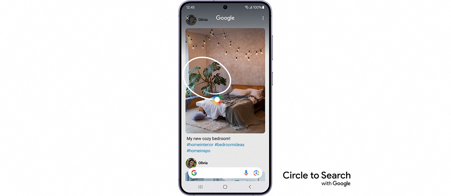 Eine Pflanze auf einem Bild in einem Social Media-Post wird eingekreist. Am unteren Bildschirmrand erscheint eine Google-Suchleiste. Circle to Search mit Google.