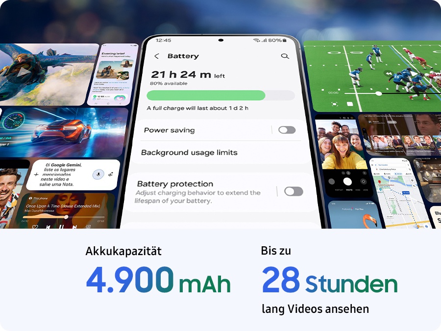 Auf dem Display eines Smartphones werden Informationen zum Akku angezeigt: 80 % Akku mit einer Restlaufzeit von 21 Stunden und 24 Minuten; eine vollstndige Ladung reicht fr 1 Tag und 2 Stunden. Optionen fr 