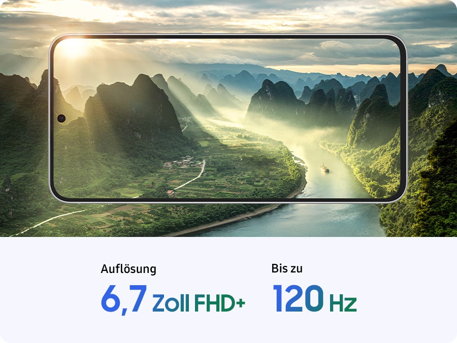 Auf dem Display eines Smartphones ist eine malerische Landschaft mit Bergen und einem Fluss zu sehen, ber die Sonnenstrahlen durch die Wolken scheinen. Darunter stehen folgende Schriftzge: 