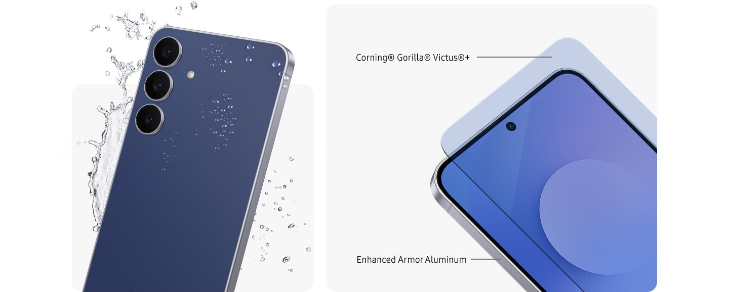 Ein Samsung Galaxy S25 FE wird in zwei Abschnitten gezeigt: Der eine zeigt seine Rckseite mit drei Kameralinsen und Wasserspritzern, was auf Wasserfestigkeit hindeutet; der andere hebt die Vorderseite mit folgenden Schriftzgen hervor: 