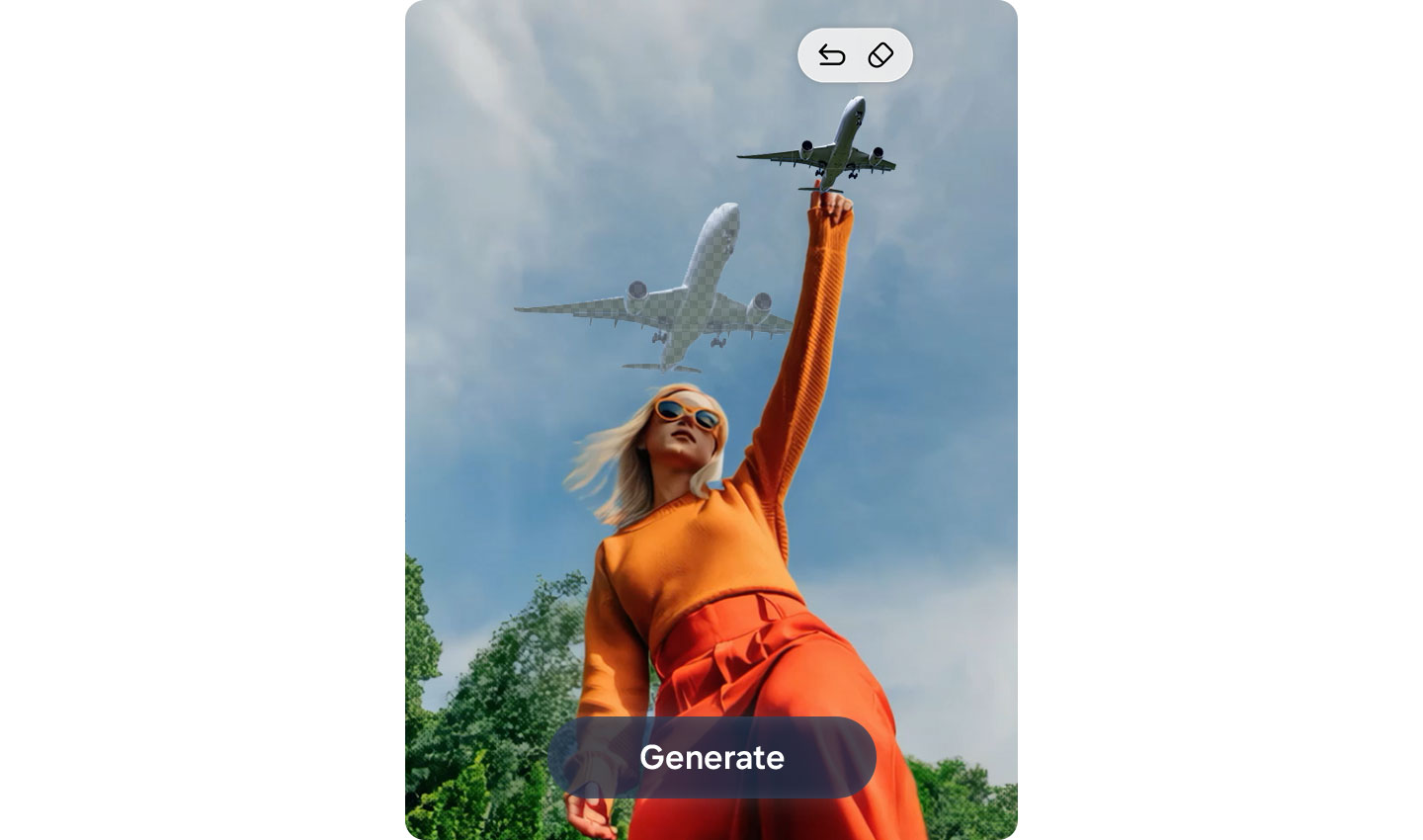 Eine Person steht im Freien mit einem erhobenen Arm. Ein Flugzeug fliegt ber sie hinweg in einem teilweise bewlkten blauen Himmel. Im Hintergrund sind Bume zu sehen, und unten erscheint die Schaltflche 