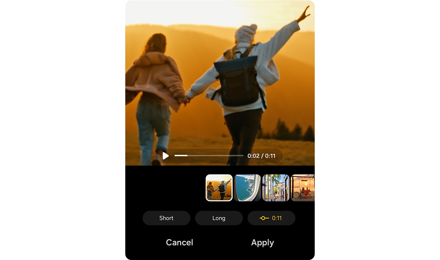 Zwei Personen laufen Hand in Hand auf einen Sonnenuntergang zu. Am unteren Bildrand werden Steuerelemente fr die Videobearbeitung eingeblendet, darunter die Schaltflchen 