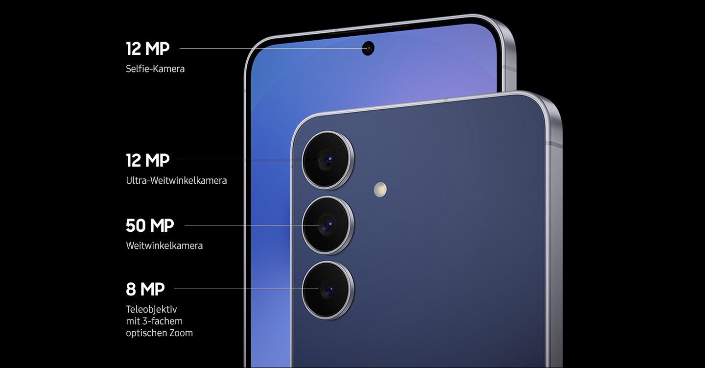 Zu sehen sind zwei Samsung Galaxy S25 FE Smartphones. Eins befindet sich im Vordergrund. Dabei werden die Kamera-Spezifikationen hervorgehoben. Das vordere Smartphone ist mit einer 12 MP-Ultra-Weitwinkelkamera, einer 50 MP-Weitwinkelkamera und einem 8 MP-Teleobjektiv mit 3-fachem optischen Zoom ausgestattet. Das Smartphone im Hintergrund ist mit einer einzigen 12 MP-Selfie-Kamera auf seiner Vorderseite ausgestattet.