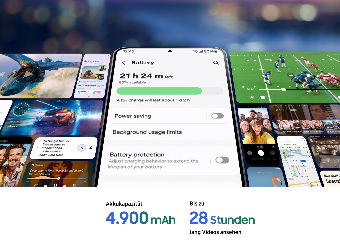 Auf dem Display eines Smartphones werden Informationen zum Akku angezeigt: 80 % Akku mit einer Restlaufzeit von 21 Stunden und 24 Minuten; eine vollstndige Ladung reicht fr 1 Tag und 2 Stunden. Optionen fr 