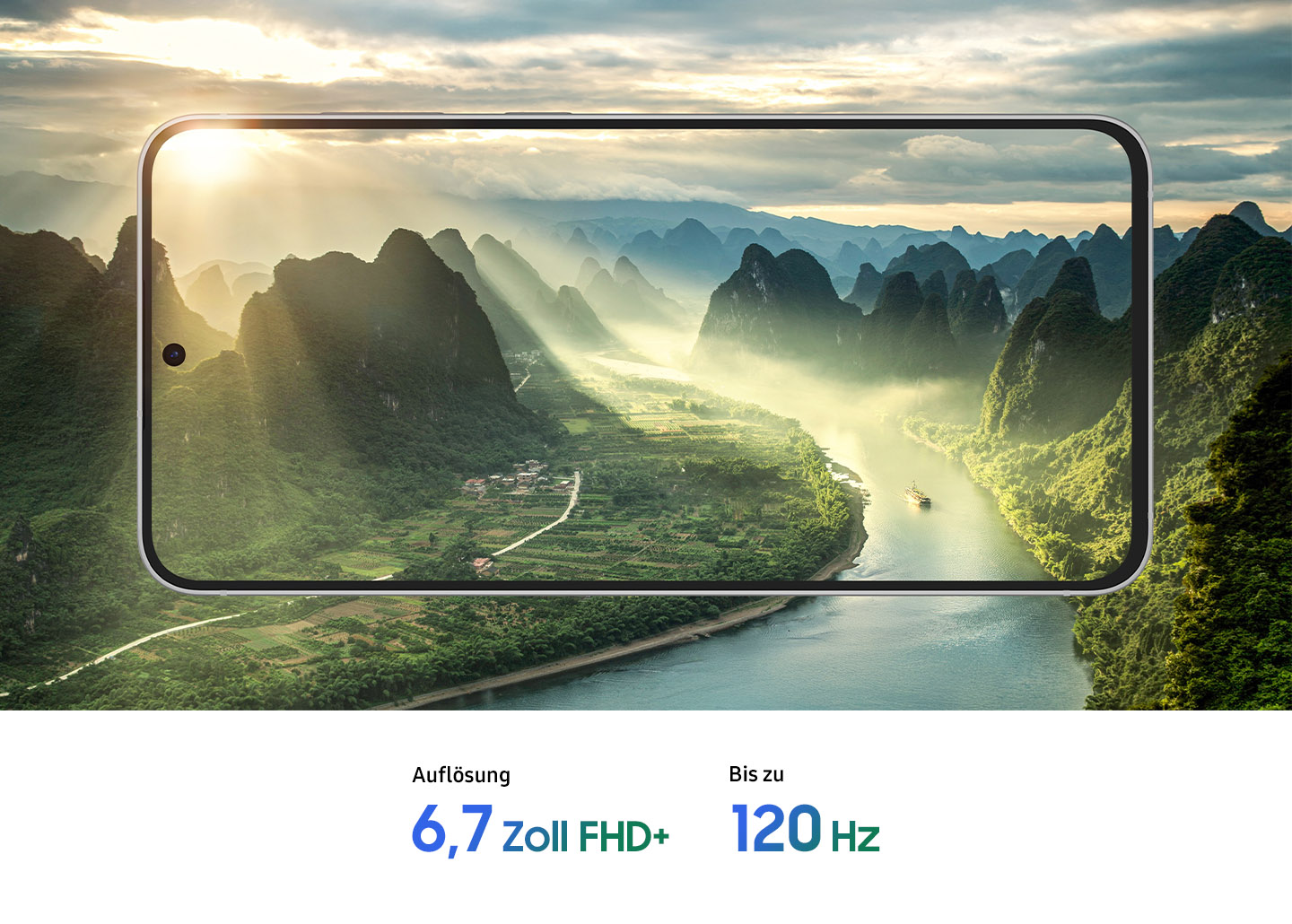 Auf dem Display eines Smartphones ist eine malerische Landschaft mit Bergen und einem Fluss zu sehen, ber die Sonnenstrahlen durch die Wolken scheinen. Darunter stehen folgende Schriftzge: 