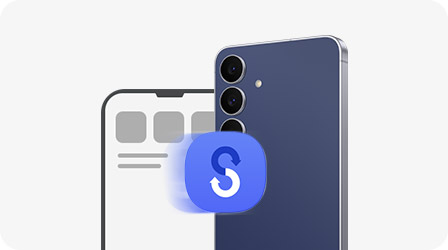 Ein Samsung Galaxy S25 FE in Navy wird vor dem Umriss eines anderen Smartphone-Displays gezeigt. Im Vordergrund ist ein Smart Switch-Symbol zu sehen, das auf eine Datenbertragung hindeutet.