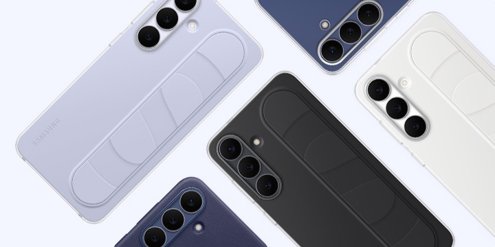 Mehrere Samsung Galaxy S25 FE Smartphones sind verstreut angeordnet und werden von hinten gezeigt, um ihre Cases zu prsentieren. Die Cases sind in verschiedenen Farben erhltlich. Einige haben strukturierte Rckseiten.