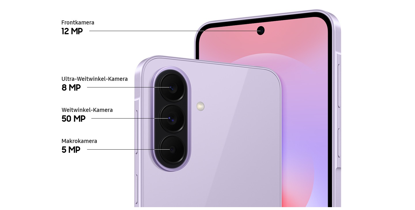 Nahaufnahme des dreifachen Kamerasystems auf der R�ckseite eines Galaxy A37 5G in Awesome Lavender sowie eine Nahaufnahme der Frontkamera. Das Galaxy A37 5G ist auf der R�ckseite mit einer 50 MP-Weitwinkel-, einer 8 MP-Ultra-Weitwinkel- und einer 5 MP-Makrokamera ausgestattet sowie mit einer 12 MP-Frontkamera.


    