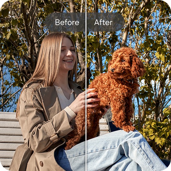 Vorher- und Nachher-Bild einer jungen Frau und ihres Hundes, die an einem hellen Tag drau�en auf einer Parkbank sitzen. Das Nachher-Bild wurde mit Bearbeitungsvorschl�gen auf dem Galaxy A37 5G f�r eine bessere Bildqualit�t bearbeitet.

    