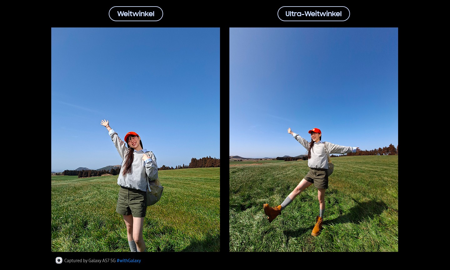 Zwei Portr�tfotos einer jungen Frau auf einer offenen Wiese vor blauem Himmel, aufgenommen mit der Weitwinkel-Kamera und der Ultra-Weitwinkel-Kamera des Galaxy A57 5G. Die Bilddetails werden durch AI Segmentation mit verbesserter Qualit�t hervorgehoben. Unten befindet sich ein Kamera-Icon mit dem Text 