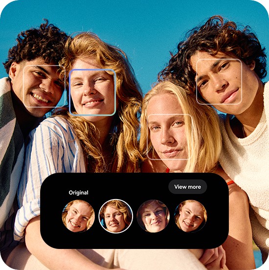 Gruppenfoto mit vier jungen Menschen. F�r eine der Frauen werden mehrere Gesichtsausdr�cke angezeigt, die ausgew�hlt werden k�nnen, um das Foto mit der Bestes Gesicht-Funktion zu optimieren.

