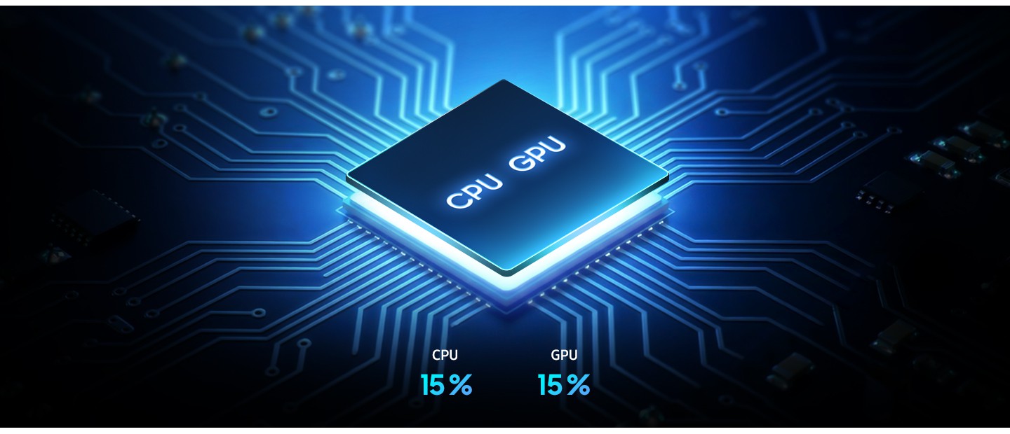 Der Octa-core Prozessorchip des Galaxy A57 5G wird auf einem Raster dargestellt. CPU- und GPU-Leistung wurden um 15 % verbessert.


