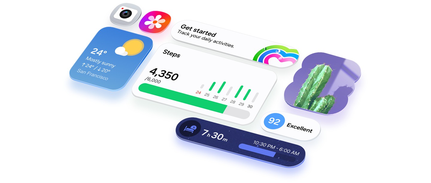 Verschiedene App-Icons und Widgets aus der Benutzeroberfl�che von One UI 8.5 sind �bersichtlich in einem Raster angeordnet und zeigen das intuitive Design.

