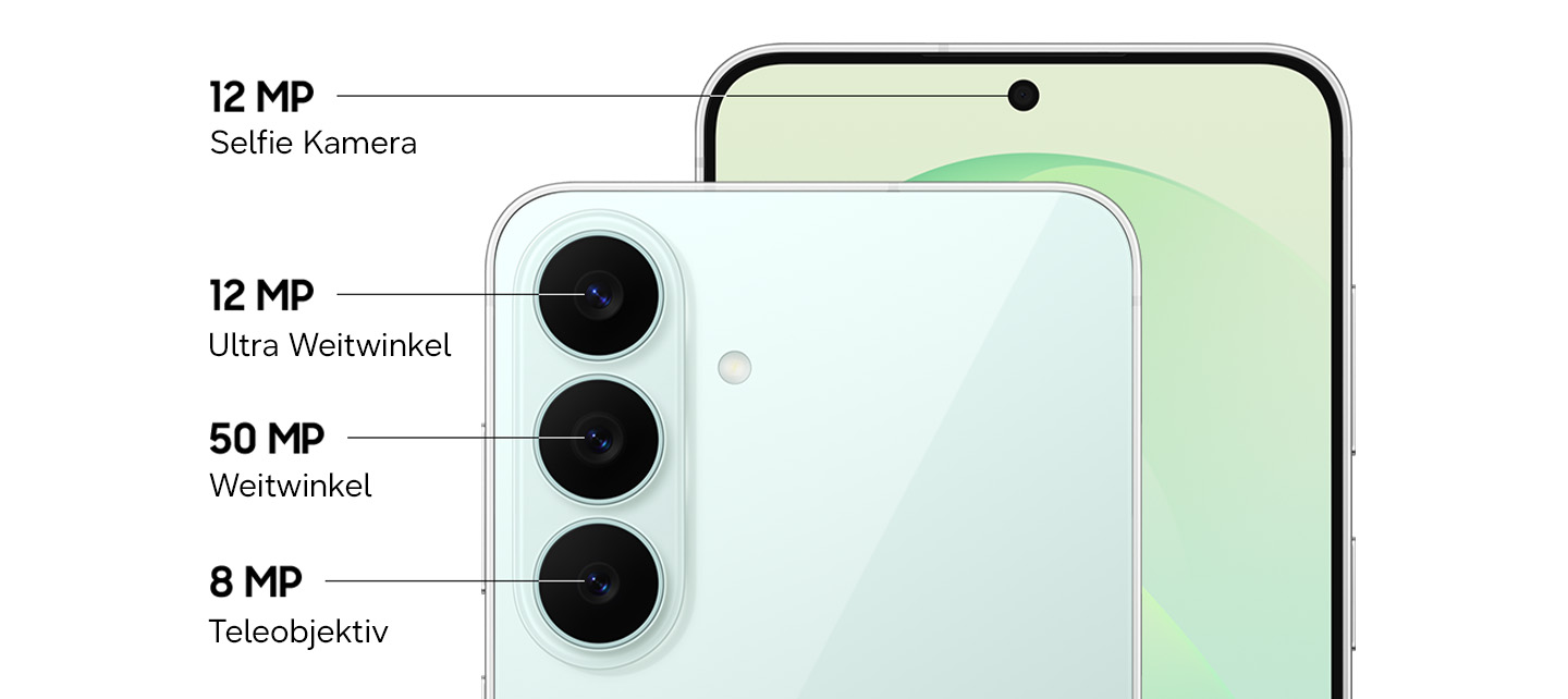 Zu sehen ist eine Nahaufnahme des Triple-Kamerasystems auf der R�ckseite des Galaxy S26 FE in Pistachio, in der sich die Objektive in die Kamera-Einfassung einf�gen. Zudem wird eine Nahaufnahme der Frontkamera gezeigt. Das Galaxy S26 FE ist auf der R�ckseite mit einer 12 MP Ultra-Weitwinkelkamera, einer 50 MP Weitwinkelkamera und einem 8 MP Teleobjektiv ausgestattet. Zudem befindet sich auf der Vorderseite eine 12 MP Selfie-Kamera.