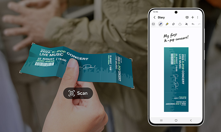 Eine Hand h�lt ein zerkn�lltes Ticket f�r ein K-Pop-Konzert. Die Scan-Schaltfl�che des Dokumentenscanners wird angezeigt. Auf dem Display eines Galaxy S26 FE Smartphones ist ein sauberer Scan des Tickets in Samsung Notes mit den Worten 