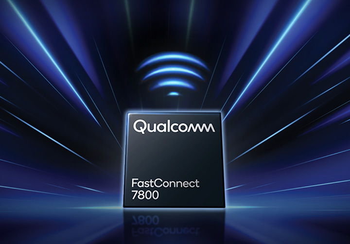 Zu sehen ist ein Qualcomm FastConnect 7800 Chip, �ber dem sich ein Wi-Fi-Signalsymbol befindet. Der nach au�en strahlende Hintergrund symbolisiert eine schnelle kabellose Verbindung.