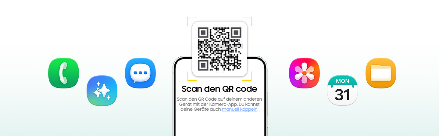 Das Galaxy S26 FE ist von vorne mit einem QR-Code �ber dem Display zu sehen. Ein Text auf dem Display fordert dazu auf, den QR-Code mit der Kamera deines anderen Ger�ts zu scannen oder beide manuell zu koppeln. Schwebende App-Symbole rund um das Smartphone veranschaulichen die einfache Daten�bertragung.